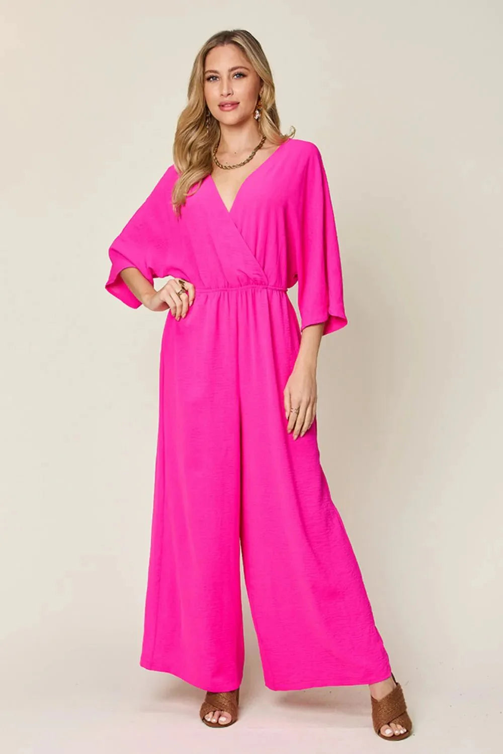 Double Take Full Size Surplice Wide Leg Jumpsuit with Pockets-7