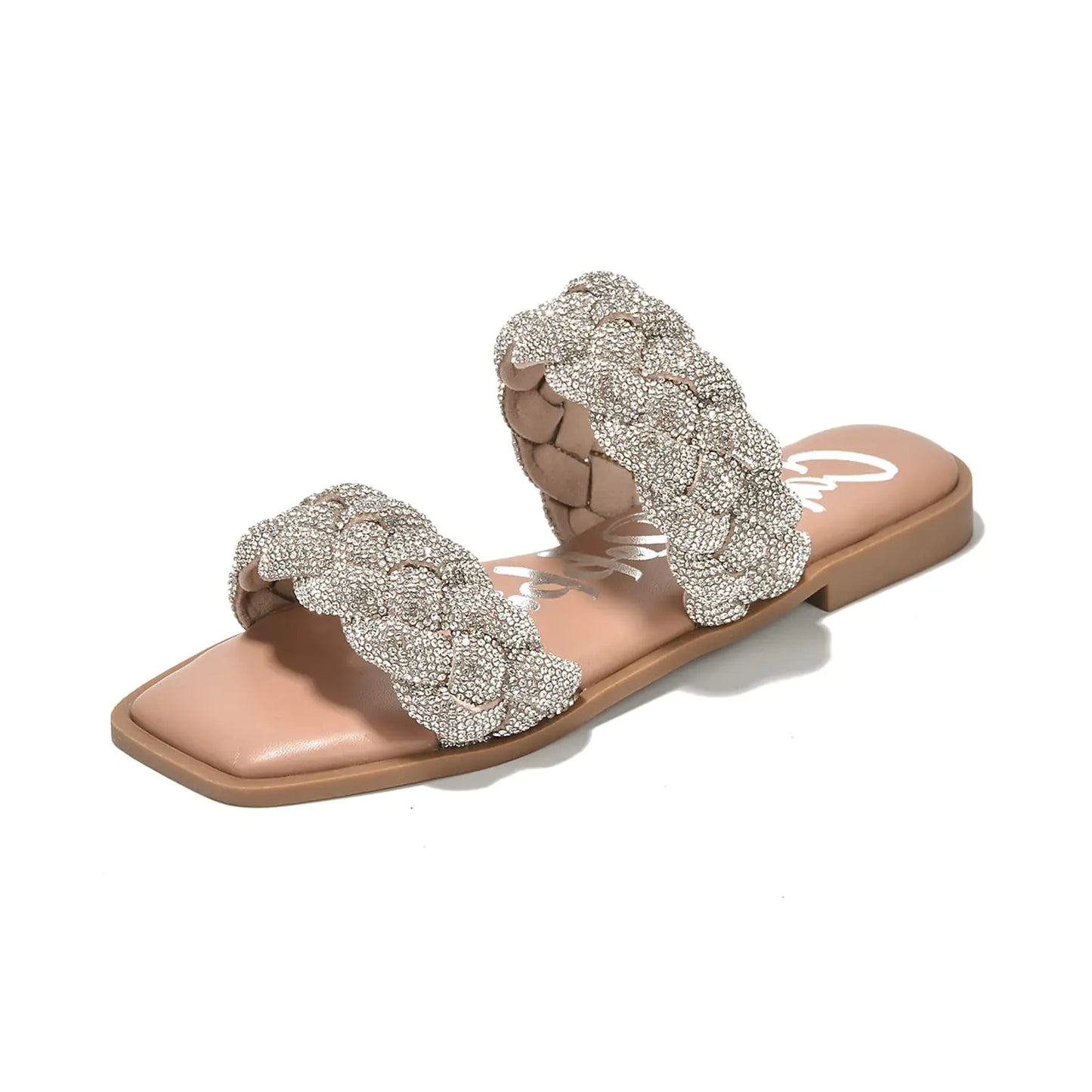 Cape Robbin Mana Braided Sandals for Women: Women Flat Rhinestone-Embellished Two Strap Braided Slides Stylish Braided Strap Sandals for Women - Silver Size 7