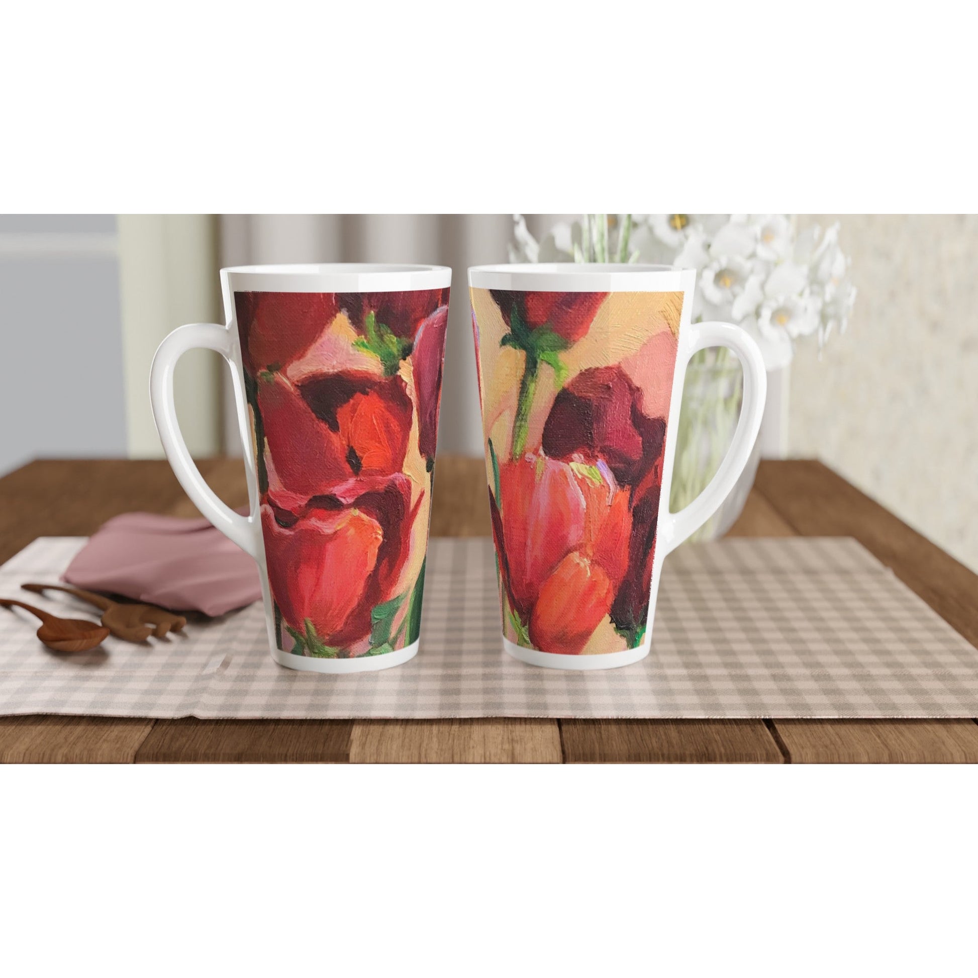 17oz White Ceramic Latte Mug | Coffee Cup with 'Tulips' Floral Artwork by American Artist Barbara Cleary-1