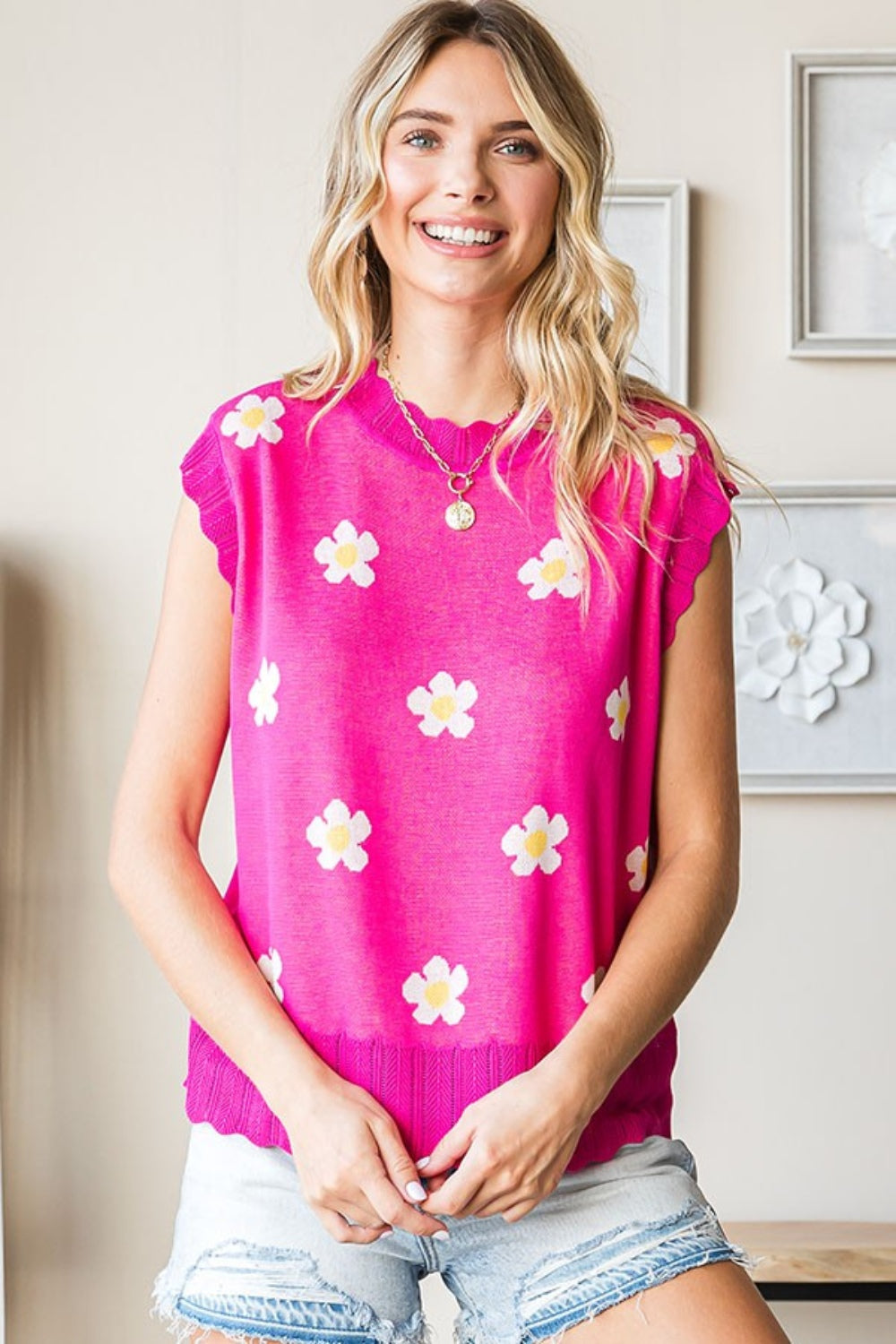 First Love Full Size Flower Pattern Round Neck Sweater Vest-4