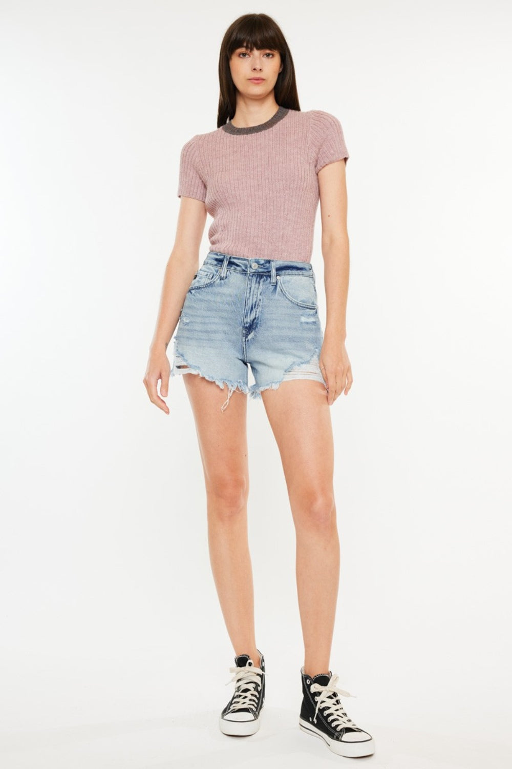 Kancan Distressed High Waist Denim Shorts with Pockets-0