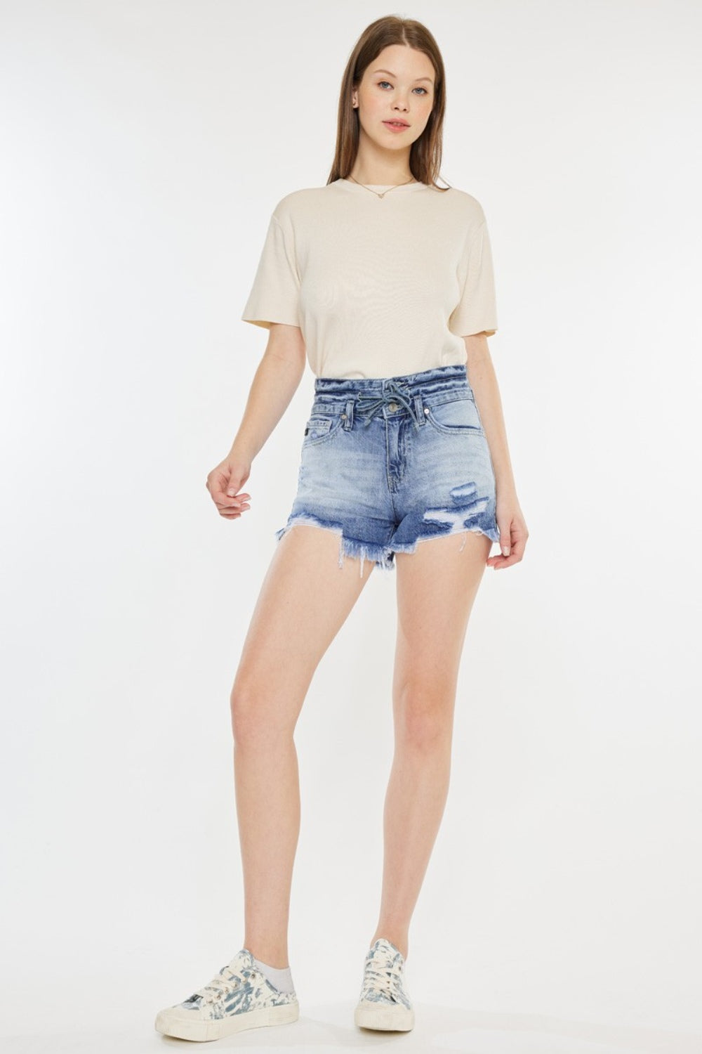 Kancan High Rise Frayed Hem Denim Shorts-4