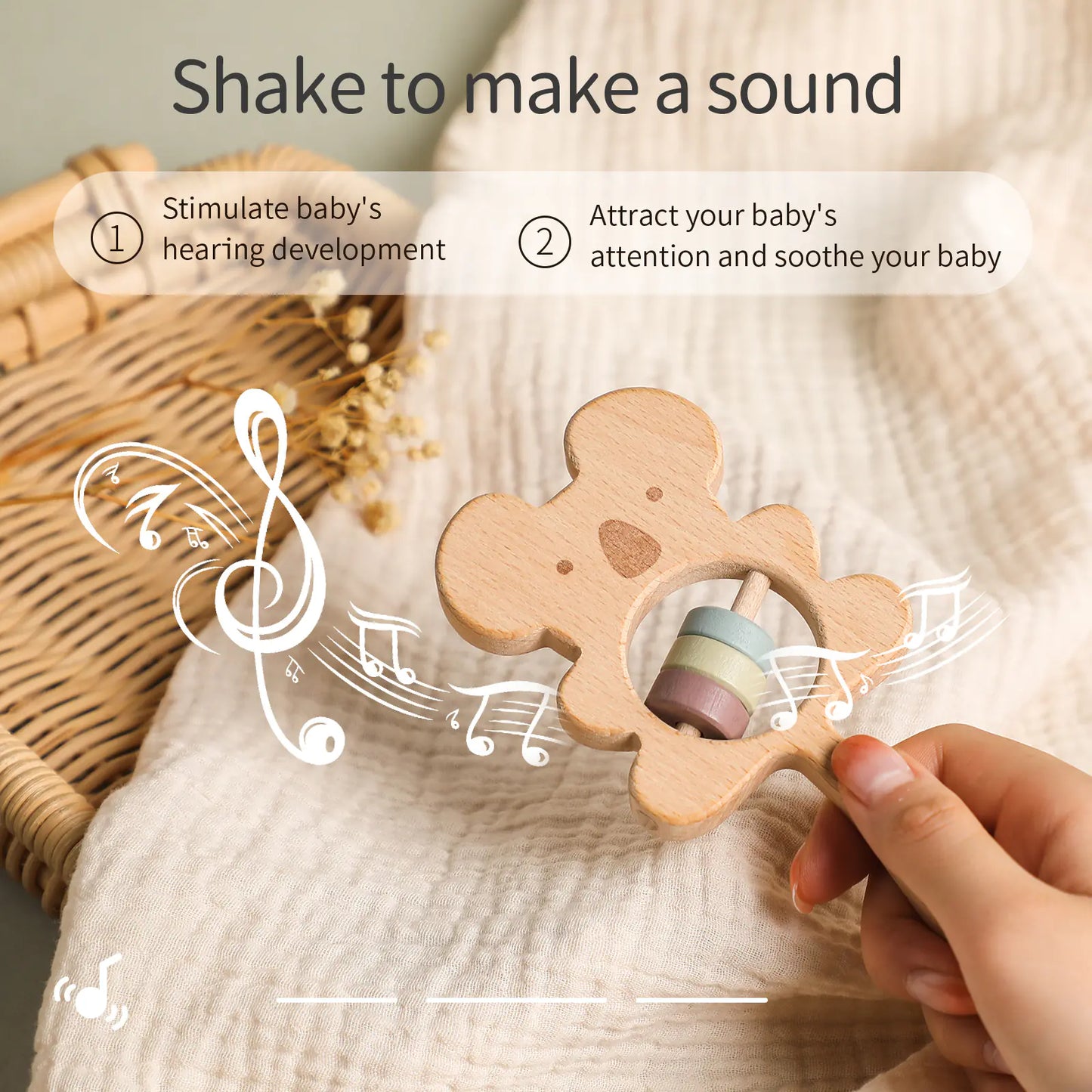 Wooden Animal Hand Rattle Toy for Newborns (Koala & Owl)