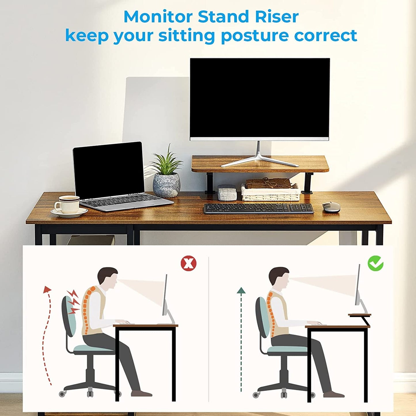 Compact Desk with Monitor Stand and Storage Shelves-3