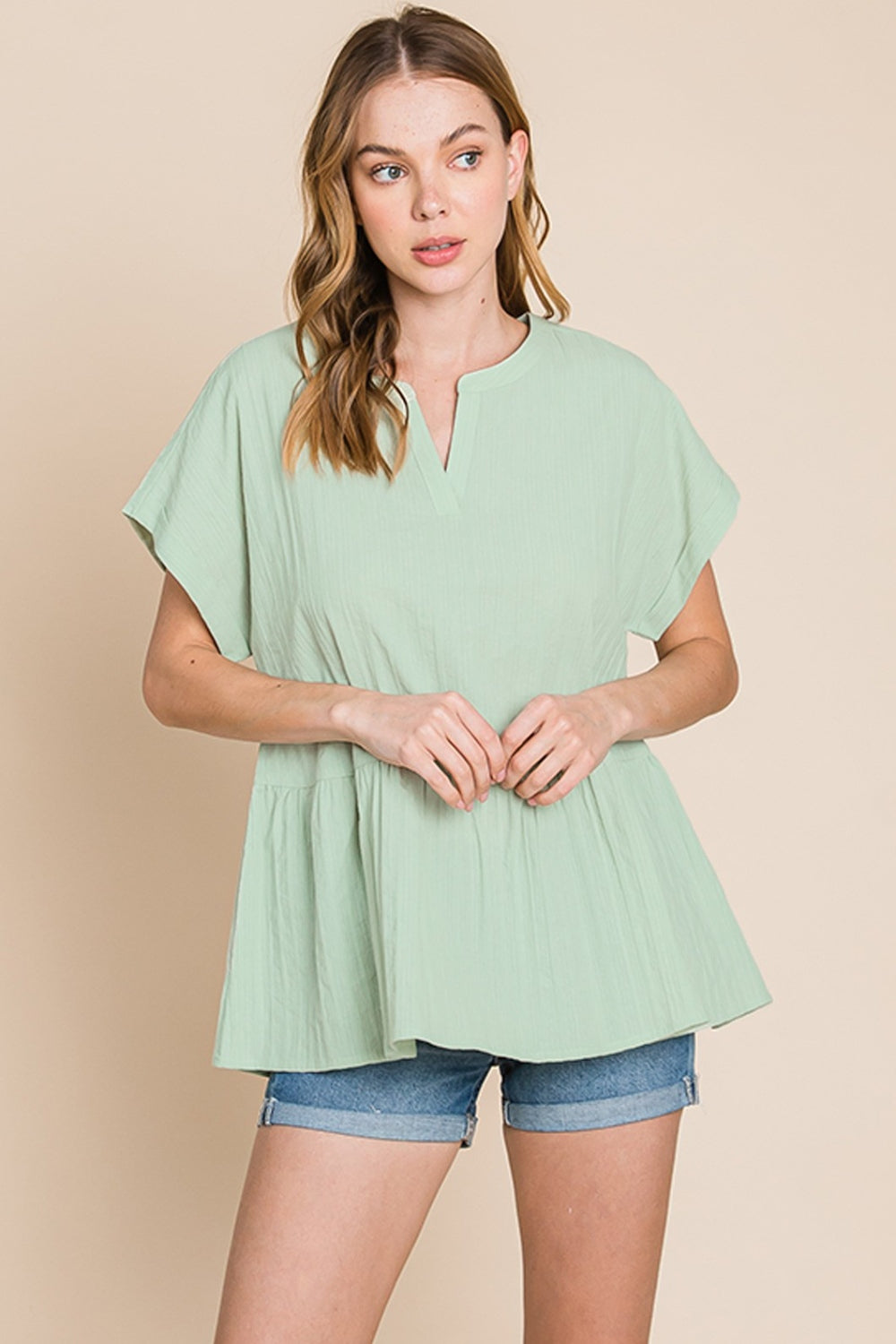 Cotton Bleu by Nu Lab Ruched Notched Short Sleeve Blouse-3
