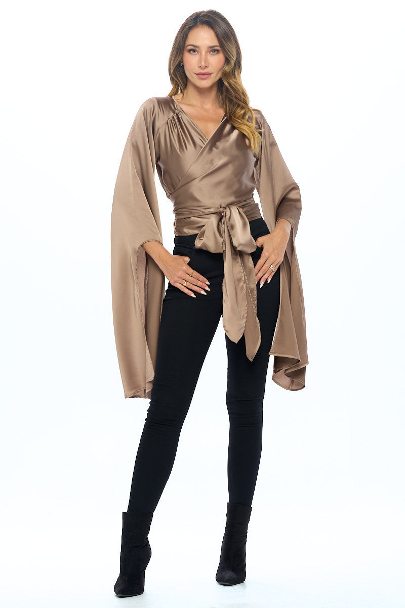 Stretch Satin Wrap Top with Exaggerated Sleeves-1