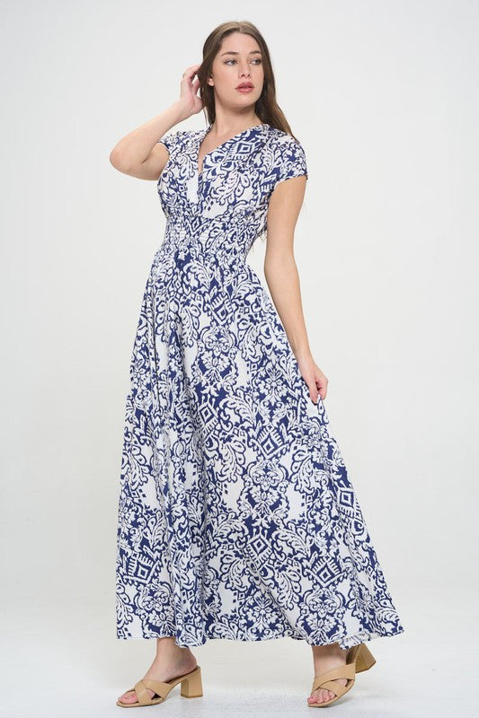 Print V neck Short Sleeve Dress w Smocked Elastic Waist-2