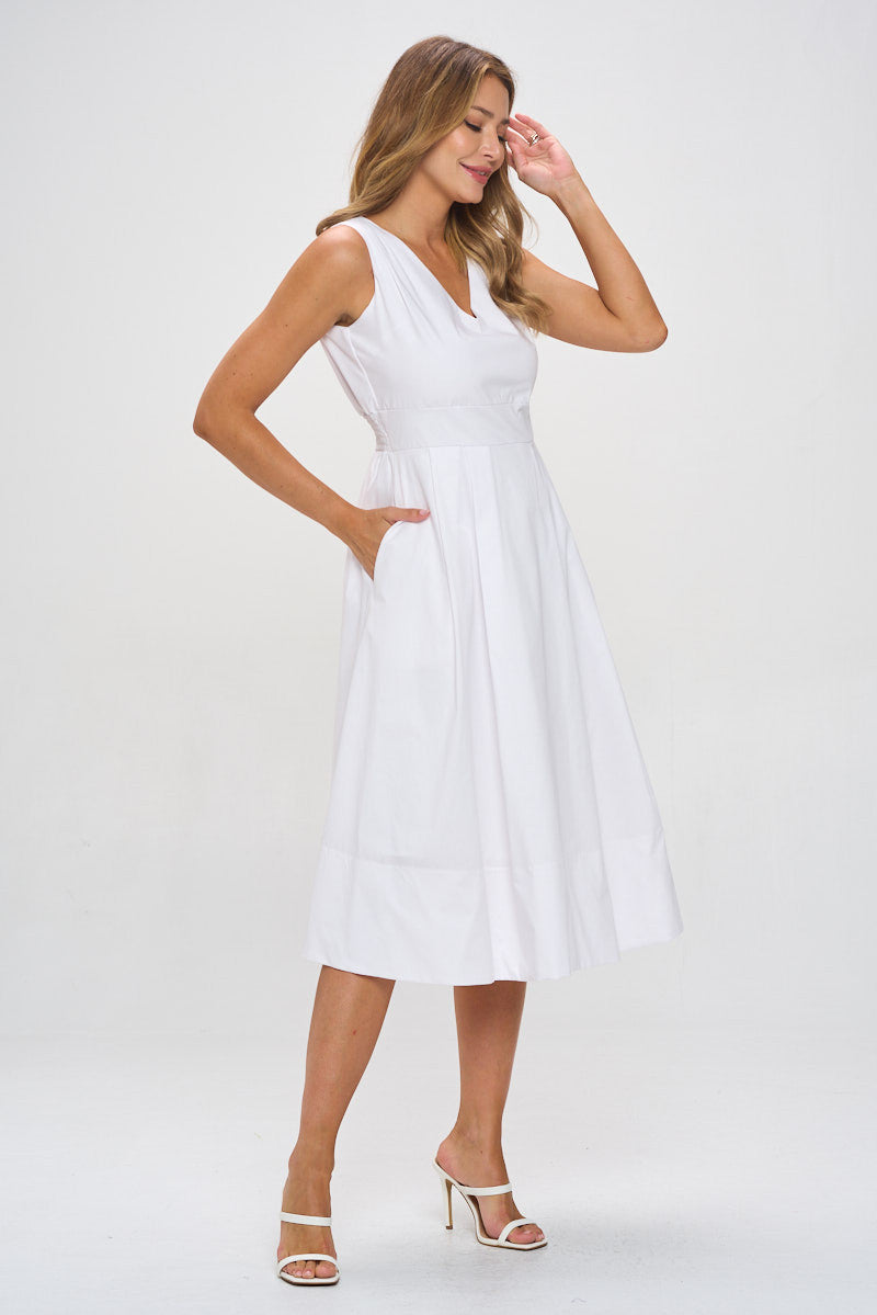 Cotton Poplin V neck Midi Dress with Pockets-3