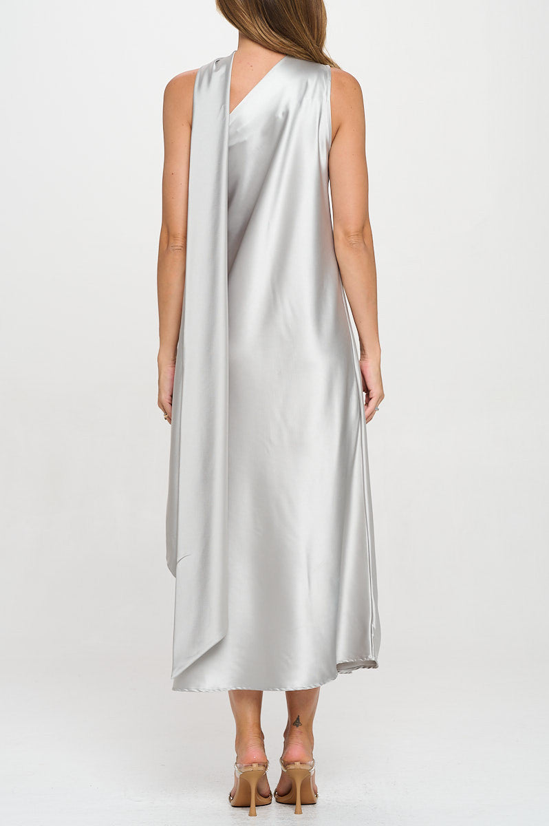 One Shoulder Satin Maxi Dress with Scarf Detail-3