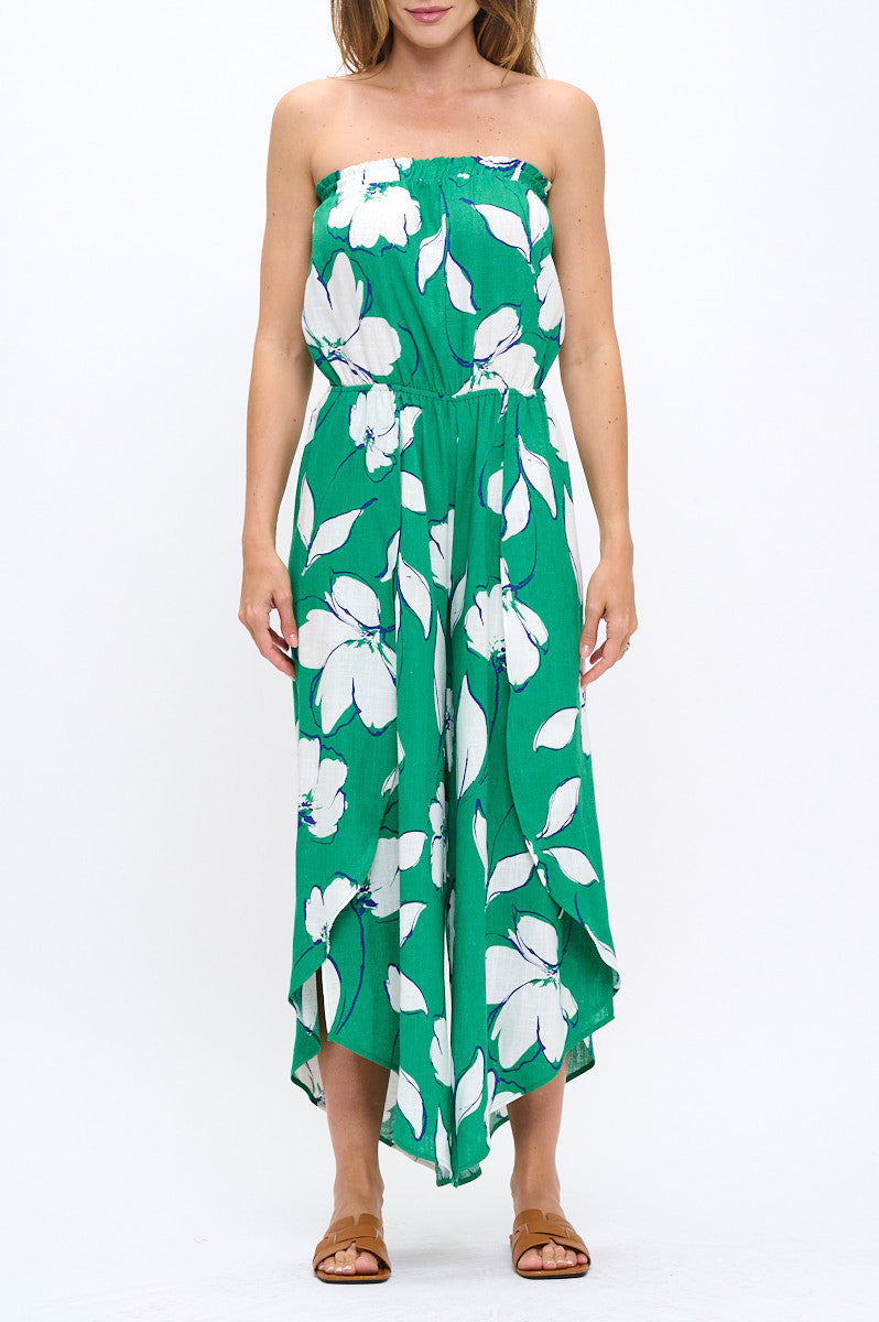 Leaf Print Strapless Jumpsuit with Split Leg Detail-1