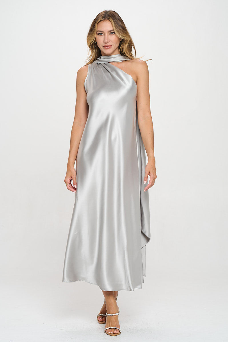 One Shoulder Satin Maxi Dress with Scarf Detail-4