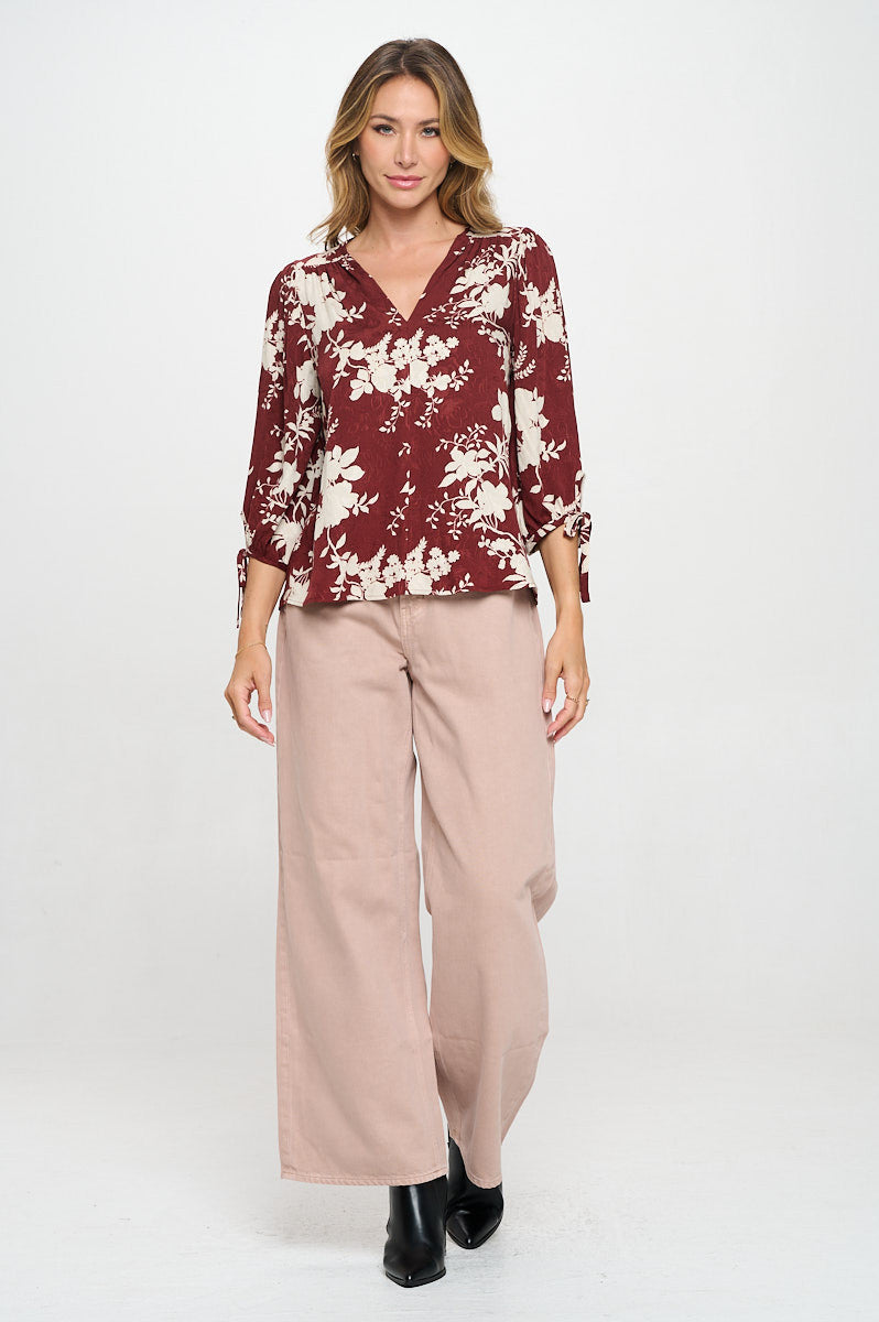 Floral Print V neck Top with Tie Sleeve-4