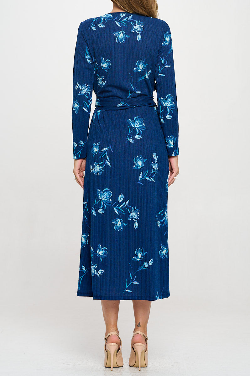 Knit Floral Print V neck Jersey Wrap Maxi Dress with Tie-3