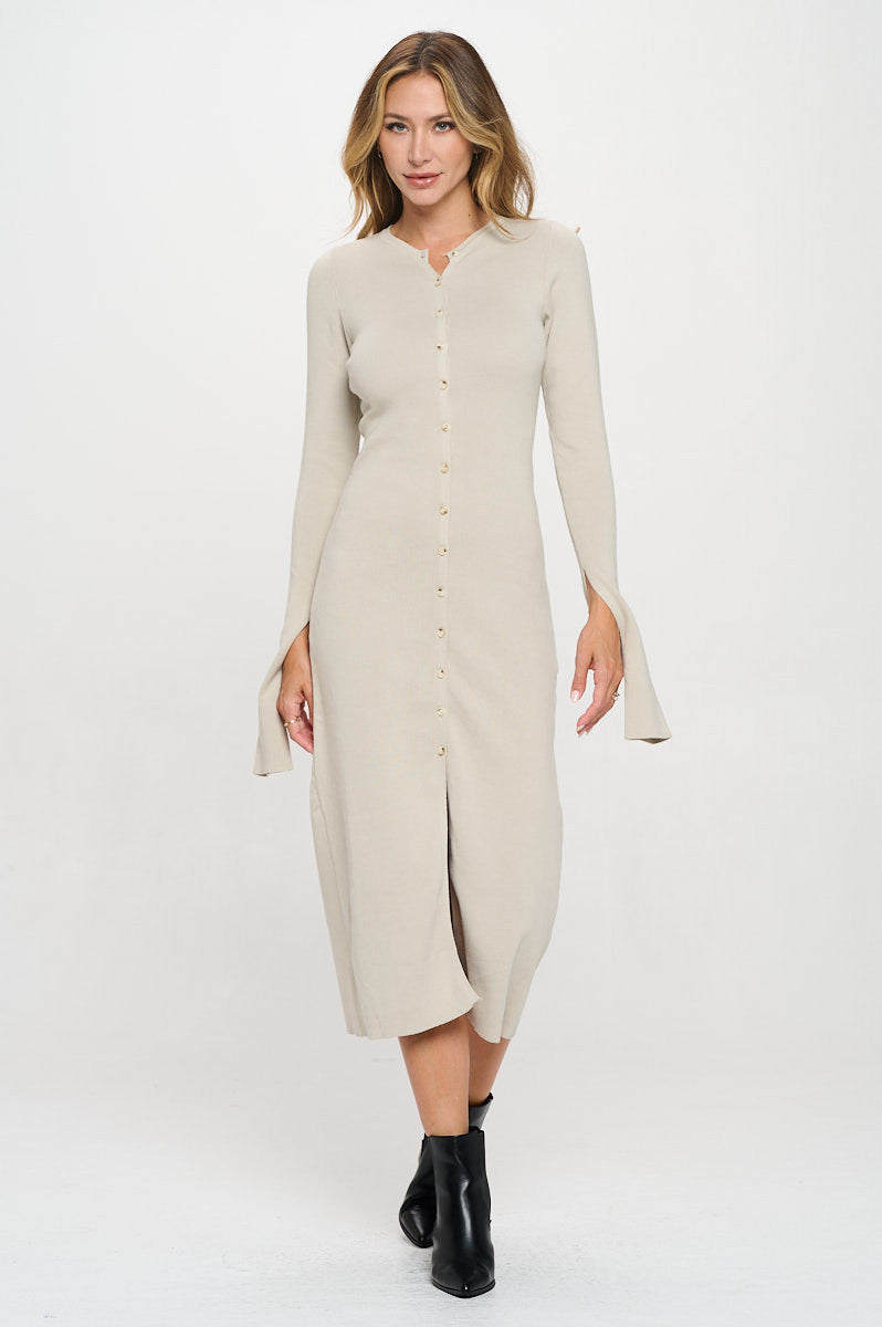 Rib Knit Maxi Dress with Buttons and Open Sleeve-5