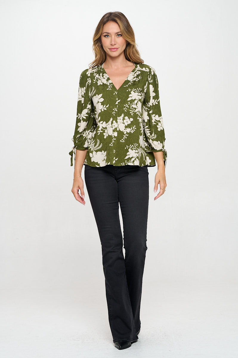 Floral Print V neck 3/4 Sleeve Top with Tie-4