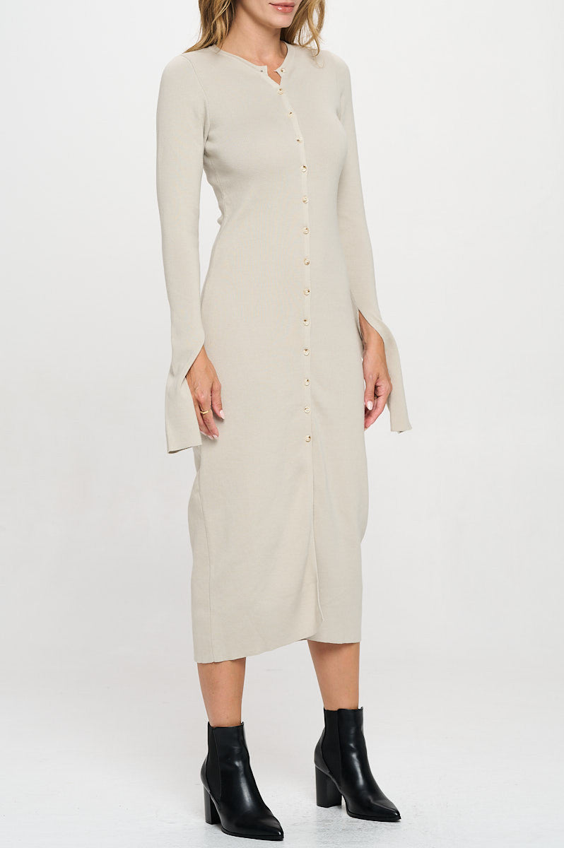 Rib Knit Maxi Dress with Buttons and Open Sleeve-2