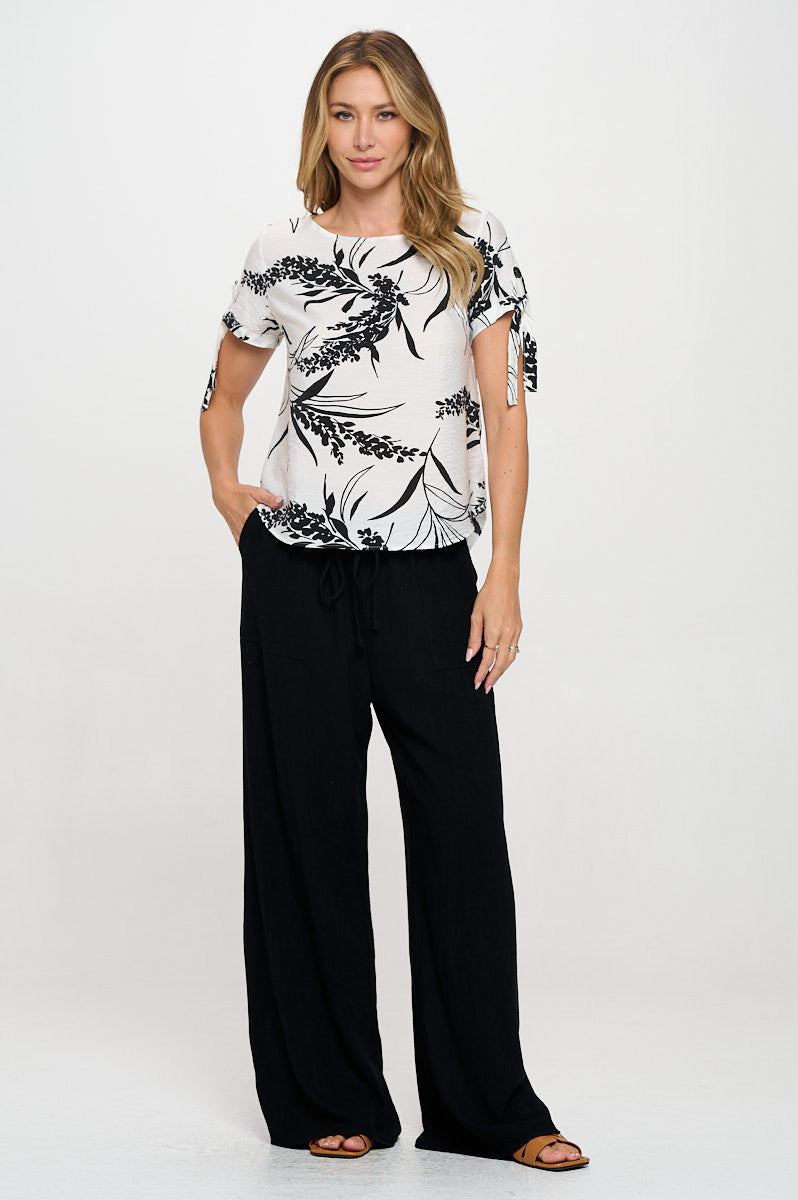 Floral Print Short Sleeve Top with Tie Sleeve-4