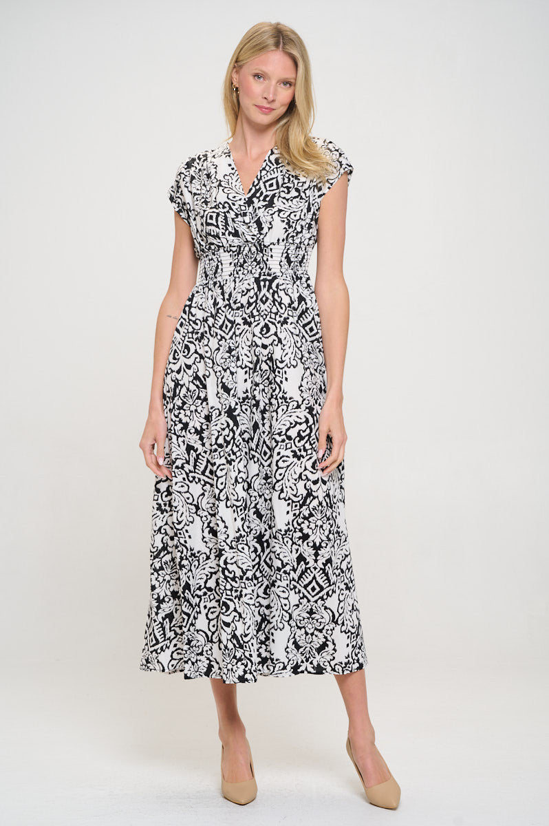 Print V neck Short Sleeve Dress w Smocked Elastic Waist-3