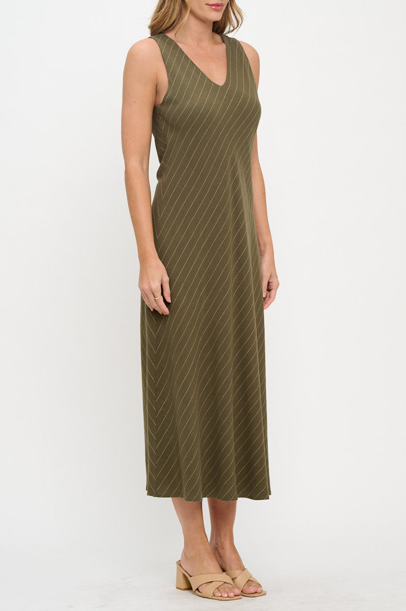 Linen Striped V neck Midi Dress-2