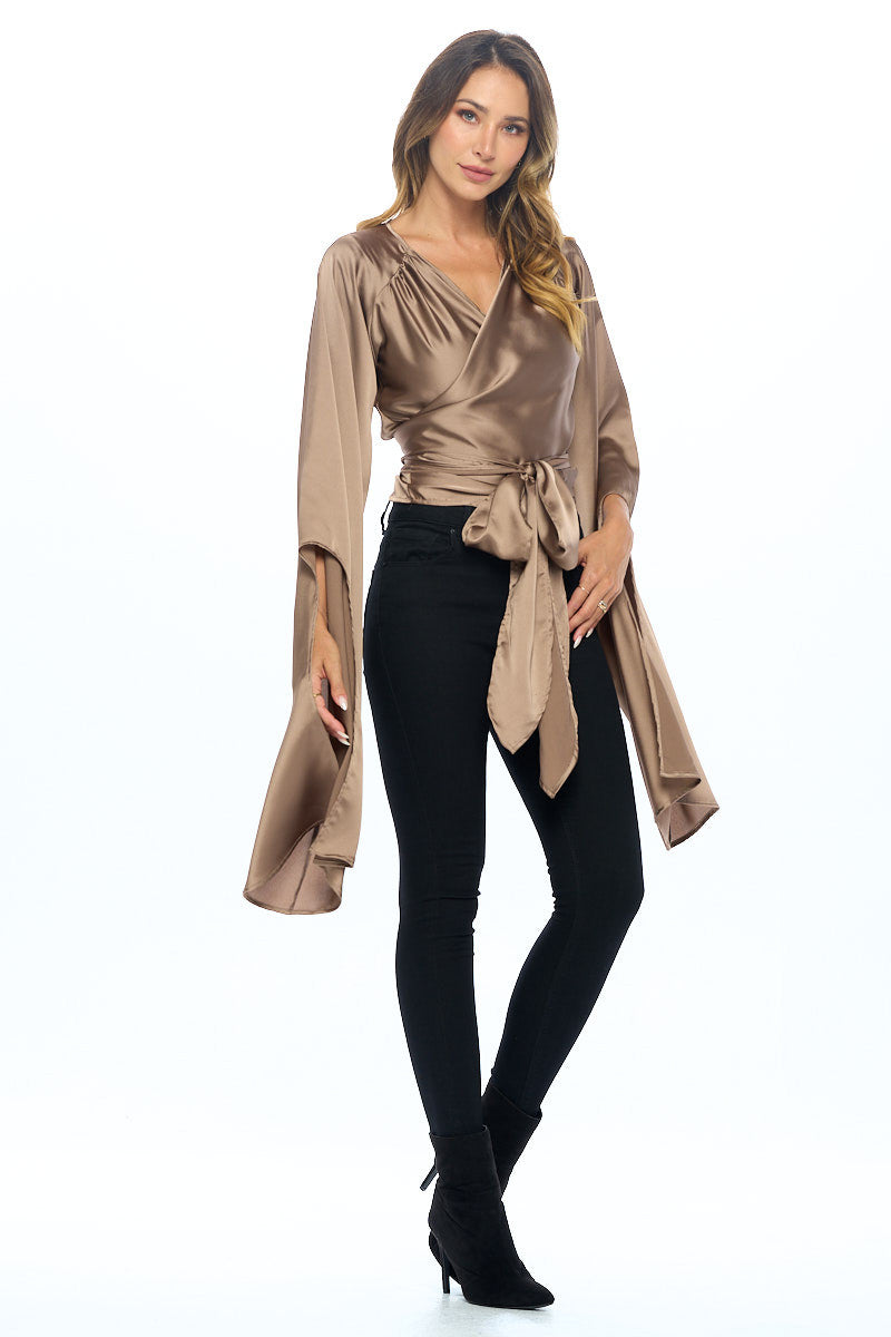 Stretch Satin Wrap Top with Exaggerated Sleeves-3