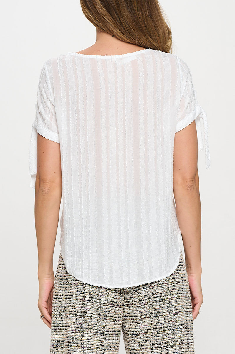 Textured Solid Short Sleeve Top with Tie Sleeve-3