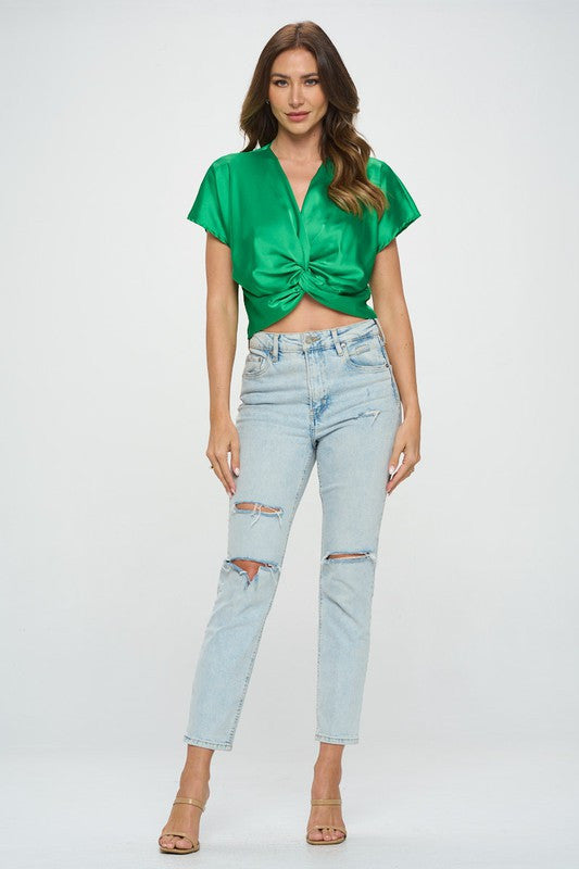 Satin Short Sleeve Top with Front Twist-4