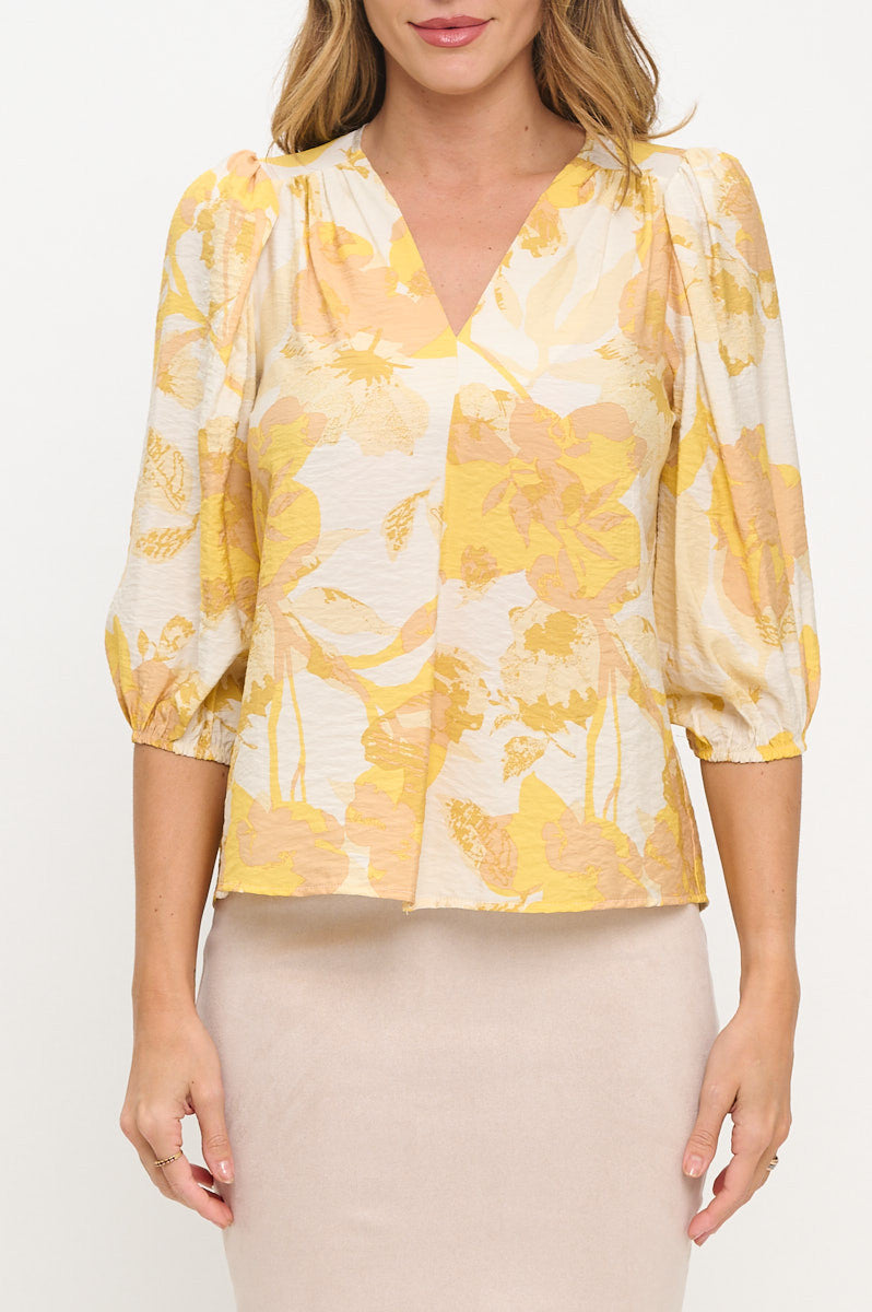 Floral Print 3/4 Sleeve V neck Top-1