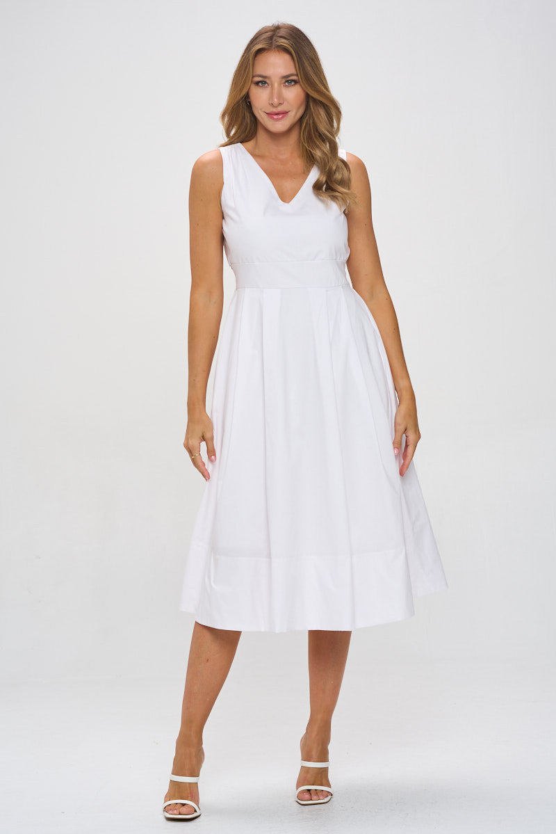 Cotton Poplin V neck Midi Dress with Pockets-2