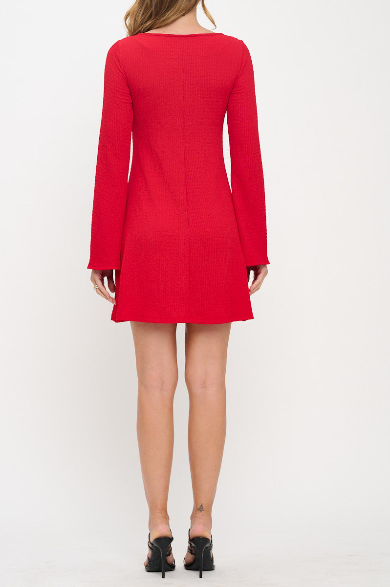Textured Long Sleeve Round neck Swing Dress-3