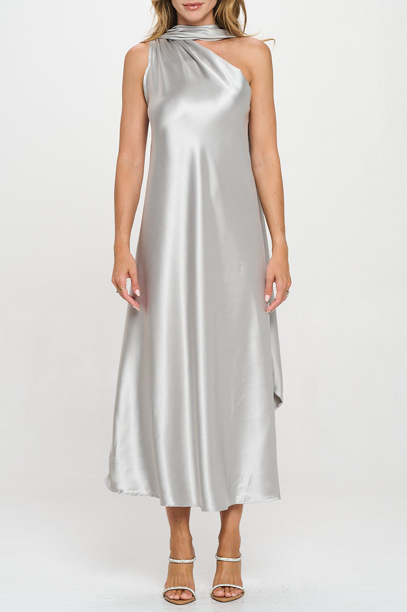 One Shoulder Satin Maxi Dress with Scarf Detail-1
