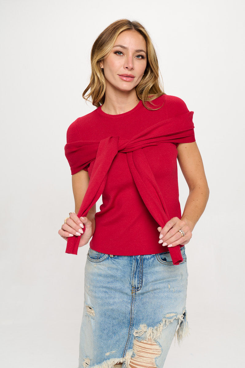 Rib Knit Round neck Sweater with Open Long Sleeve-3