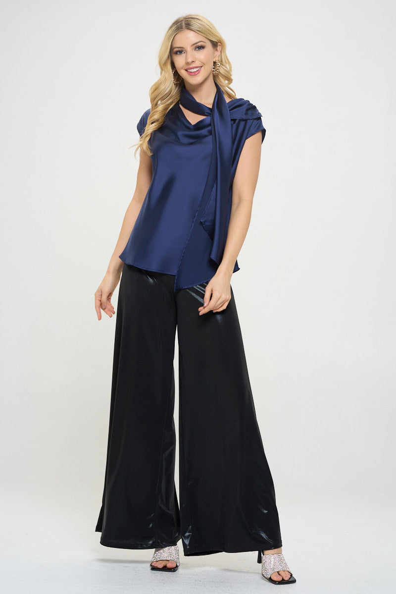 Satin Cowl Neck Short Sleeve Top with Scarf Detail-4
