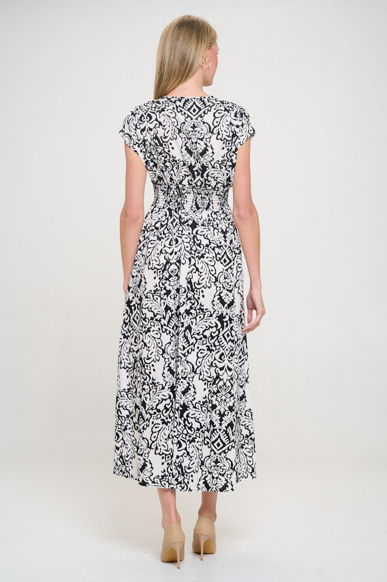 Print V neck Short Sleeve Dress w Smocked Elastic Waist-4