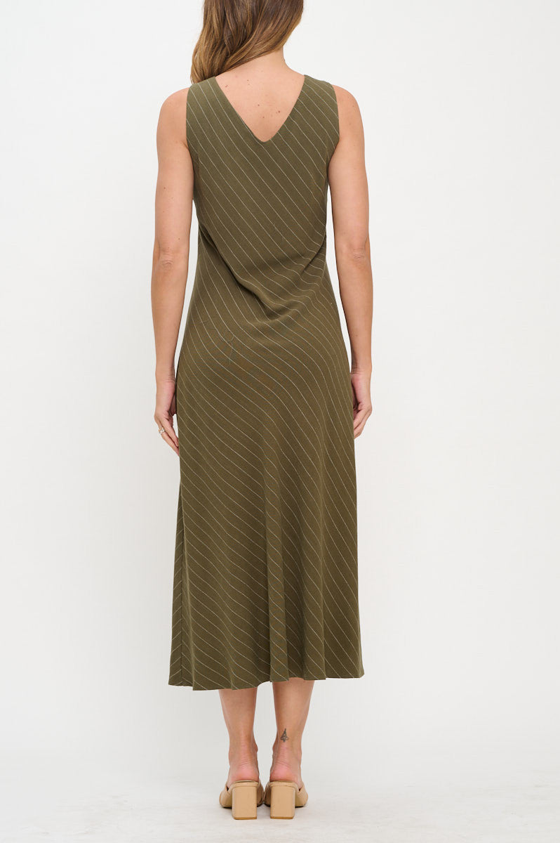 Linen Striped V neck Midi Dress-3