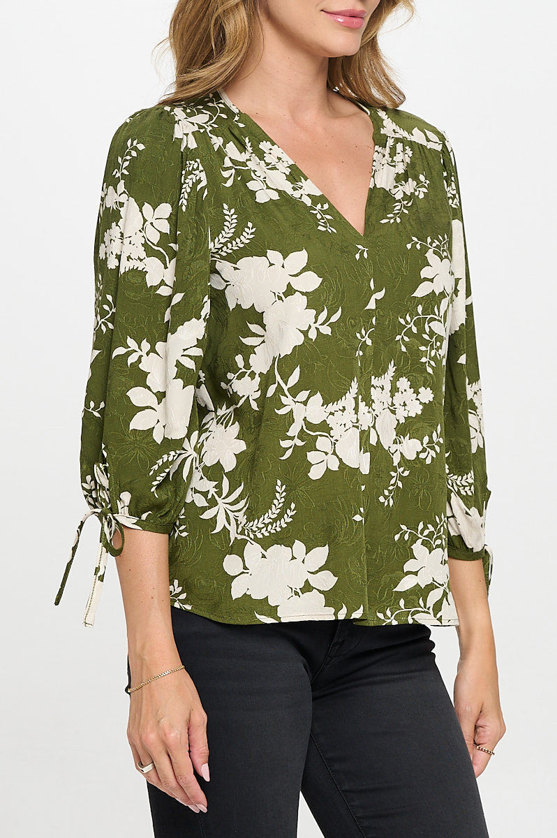 Floral Print V neck 3/4 Sleeve Top with Tie-2