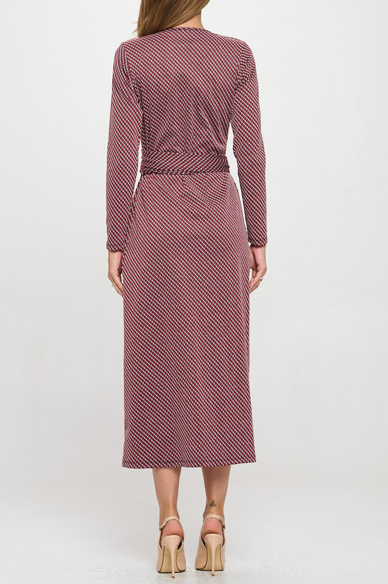 Brushed Knit Print V neck Jersey Wrap Maxi Dress with Tie-3