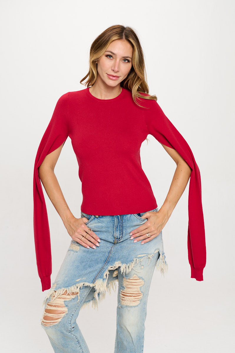 Rib Knit Round neck Sweater with Open Long Sleeve-2