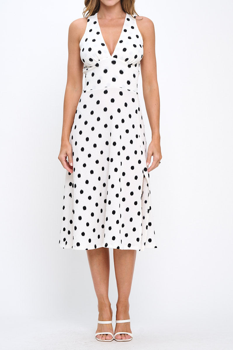 Polka Dot Sleeveless V neck Midi Dress with Slit-1