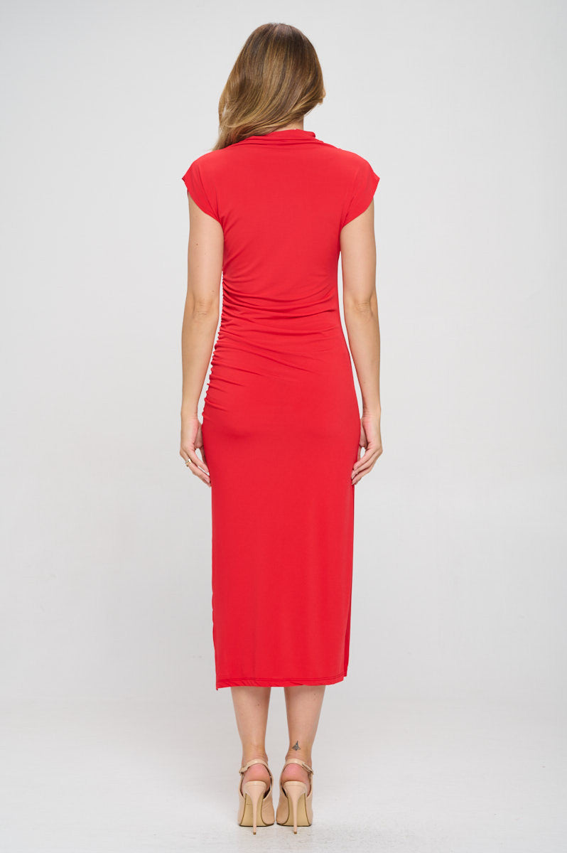 Solid Short Sleeve Ruched Dress with Slit-4