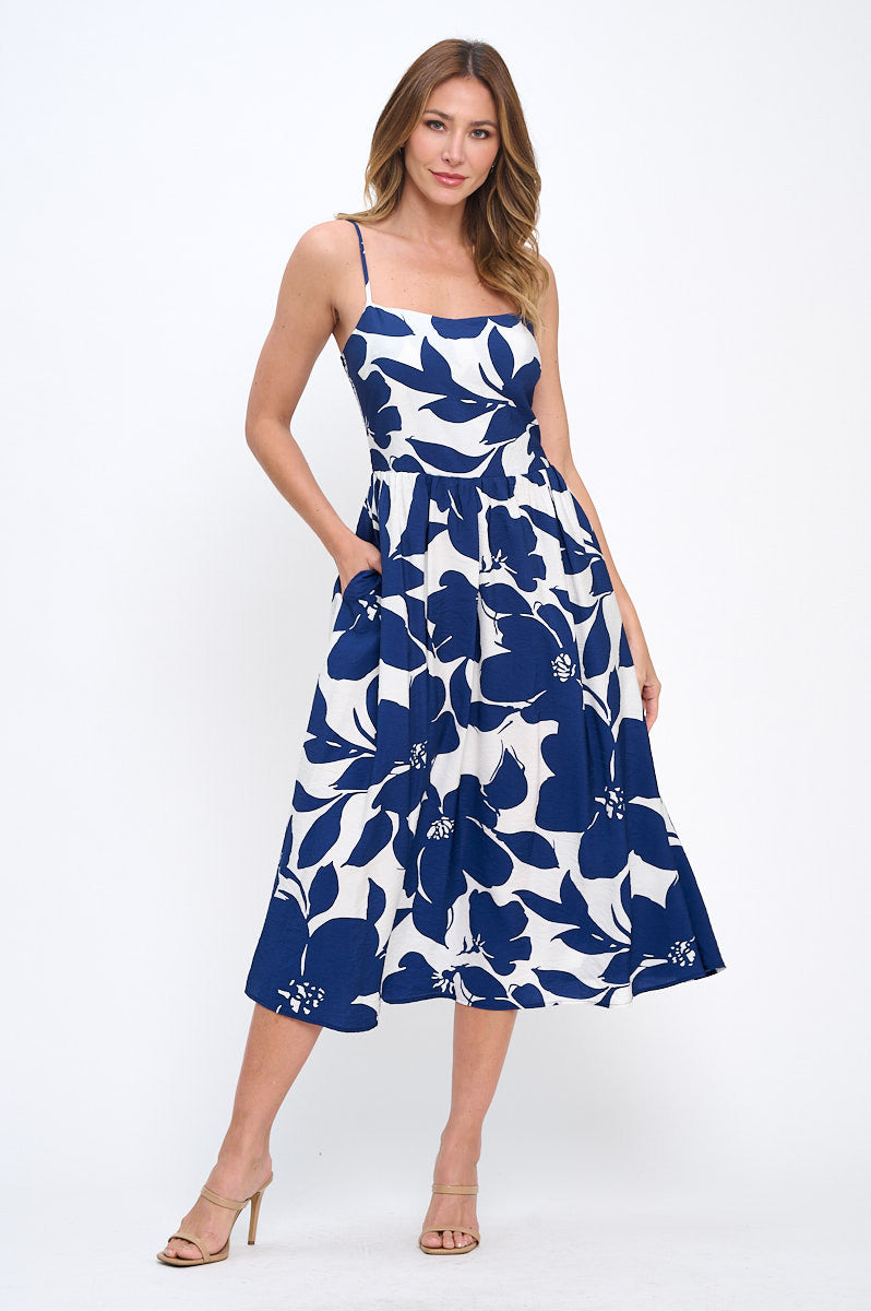 Floral Print Midi Sleeveless Dress with Pockets-5