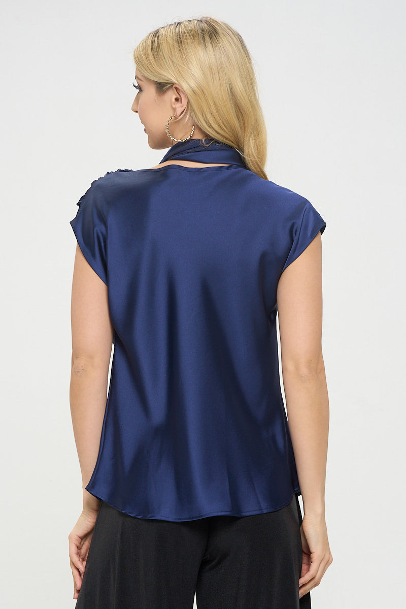 Satin Cowl Neck Short Sleeve Top with Scarf Detail-3