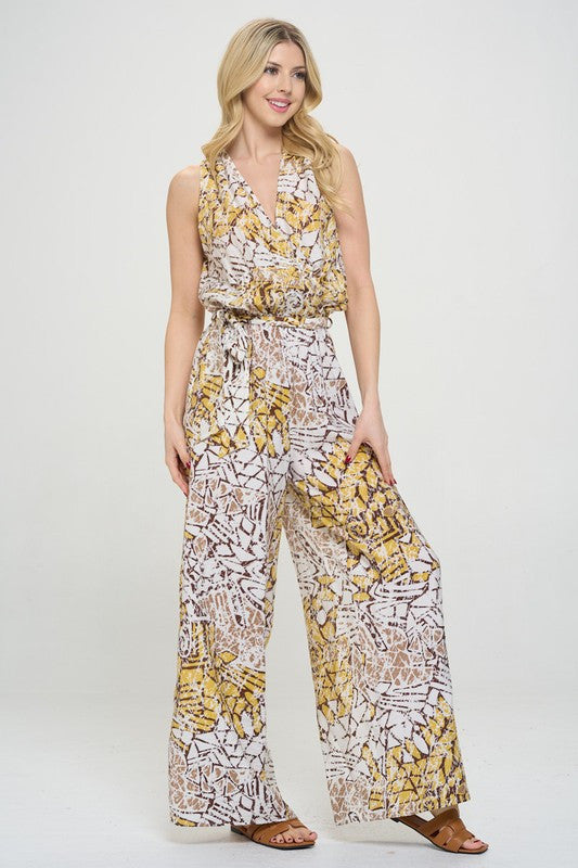 Print V neck Sleeveless Jumpsuit with Tie-2
