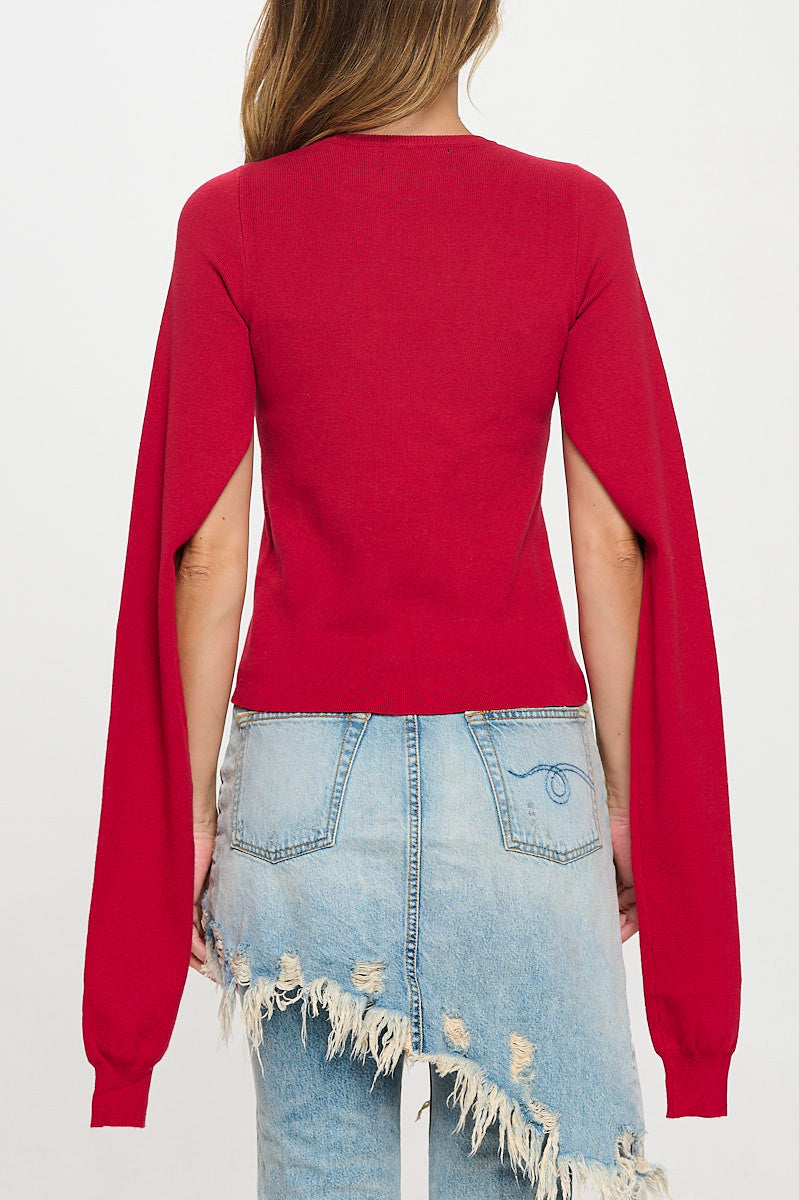 Rib Knit Round neck Sweater with Open Long Sleeve-1