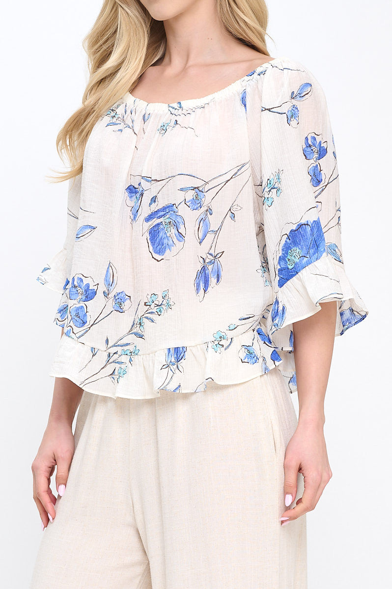 Floral Print Off shoulder Semi Sheer Top with Ruffle Sleeve-2