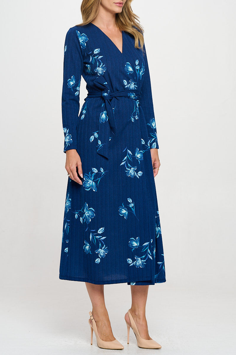 Knit Floral Print V neck Jersey Wrap Maxi Dress with Tie-1