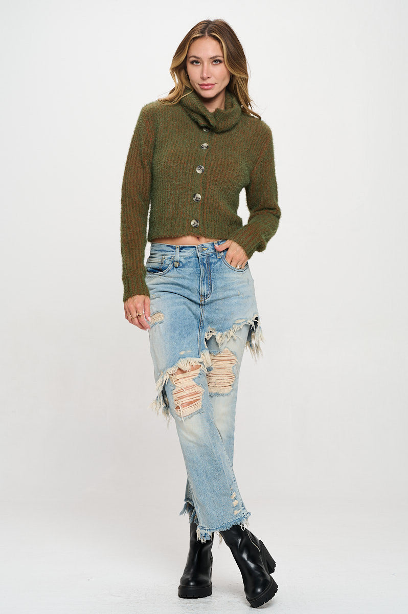 Knit Long Sleeve Collard Cardigan with Buttons-5