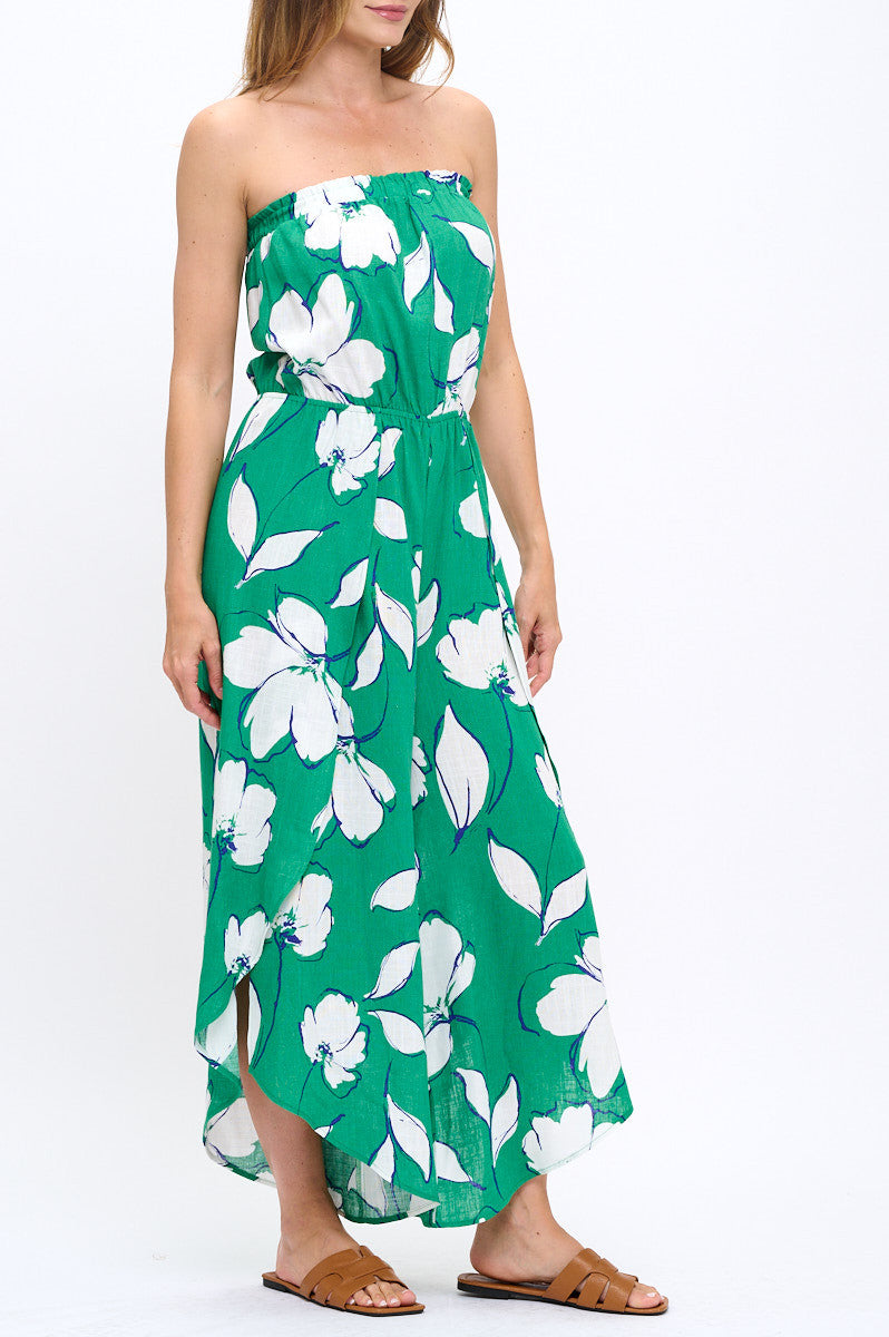 Leaf Print Strapless Jumpsuit with Split Leg Detail-2
