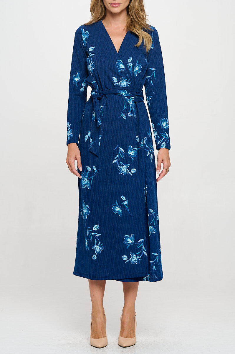 Knit Floral Print V neck Jersey Wrap Maxi Dress with Tie-2