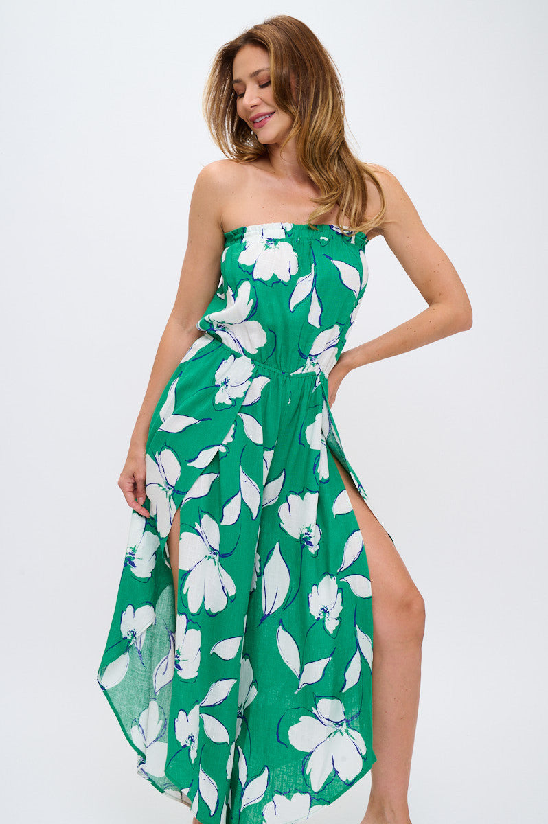 Leaf Print Strapless Jumpsuit with Split Leg Detail-5