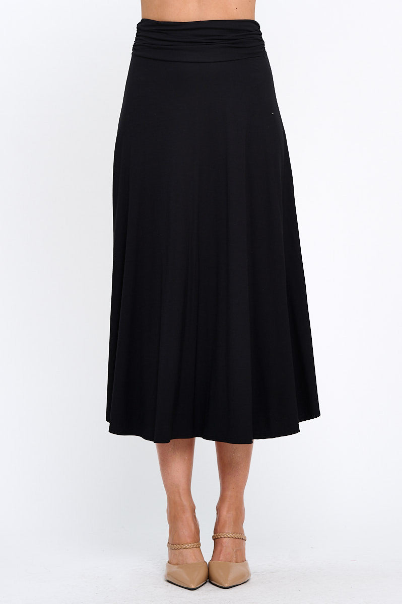 Modal Solid Midi Skirt with Foldover Waistband-0